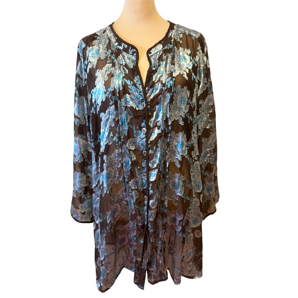 Poeme by Citron Tunic 1X Brown Blue Silk Blend Floral Burnout Top Boho Lagenlook
